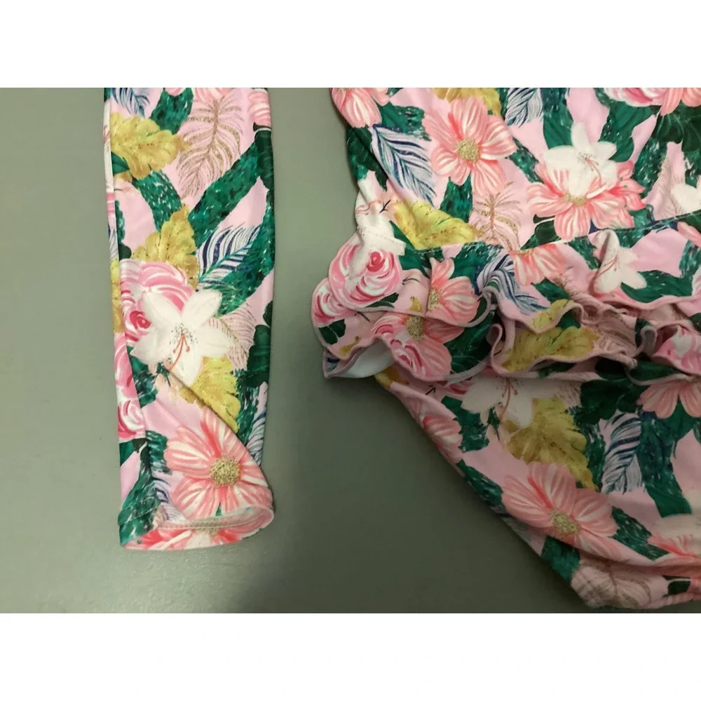 Tame the Sun Swimsuit Kids 7 Pink‎ Floral Long Sleeve Ruffles Tropical